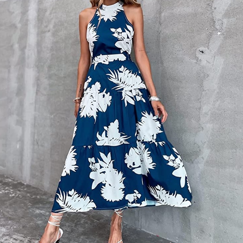Brand: DLQYYS Women's Sleeveless Navy Halter Dress Ruffle Hem Floral Print